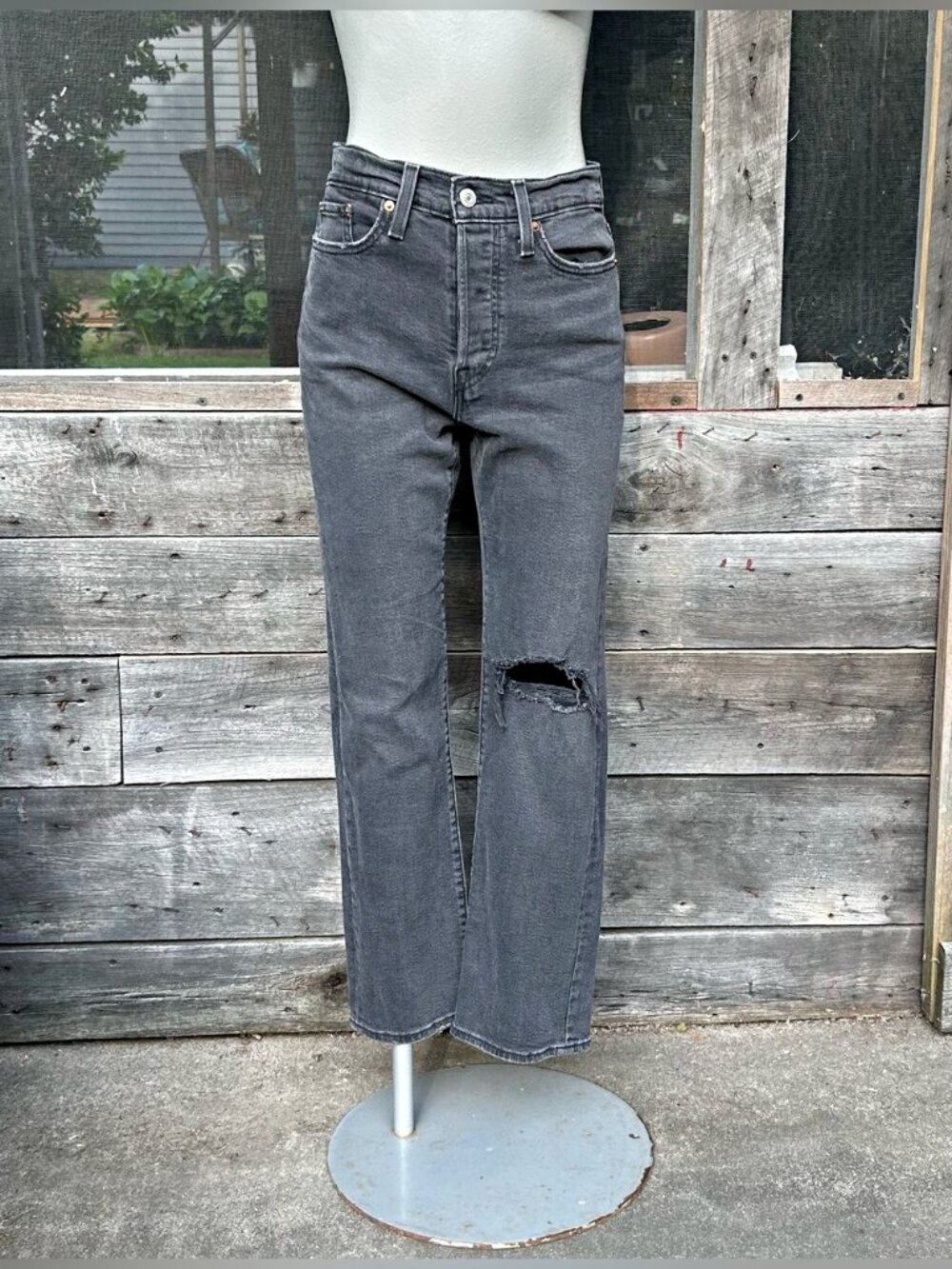 Levis Black Stretch Distressed Denim High Rise Wedgie Straight Ankle Jeans~28~
